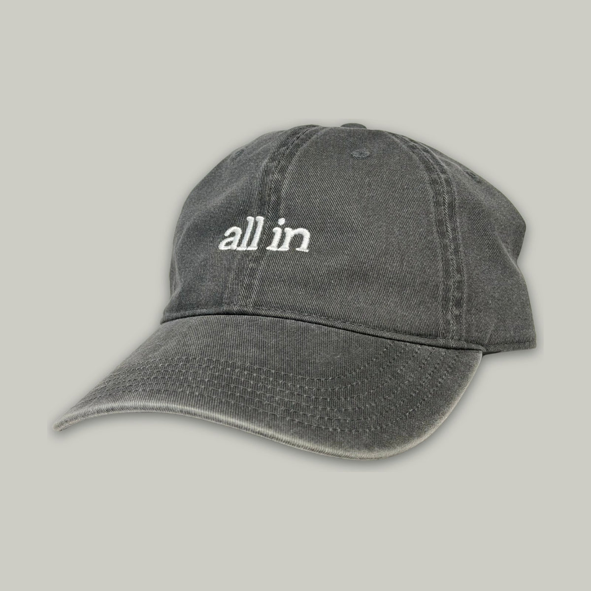 All In dad hat in washed charcoal, front