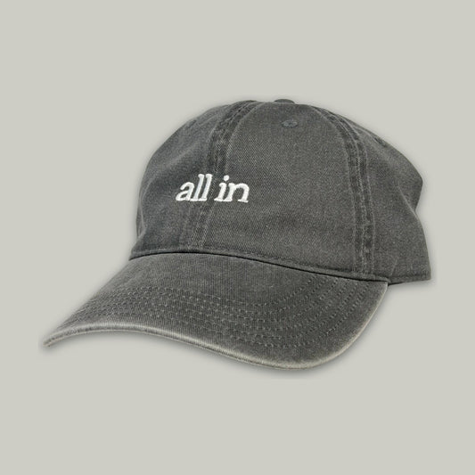 All In dad hat in washed charcoal, front