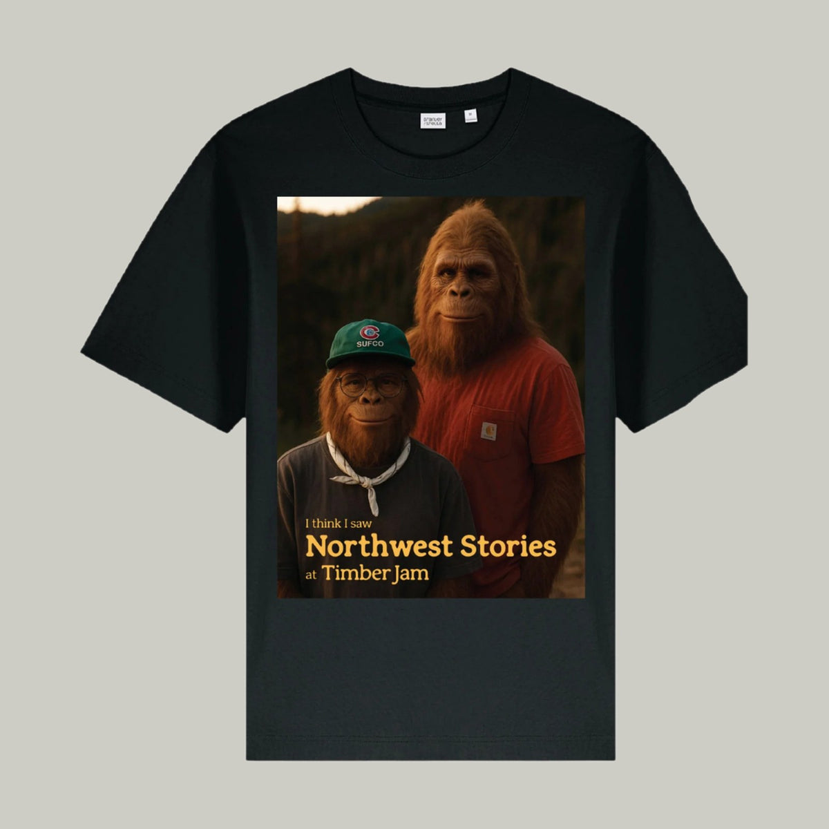 TimberJam Bigfoot tee in black by Northwest Stories, front